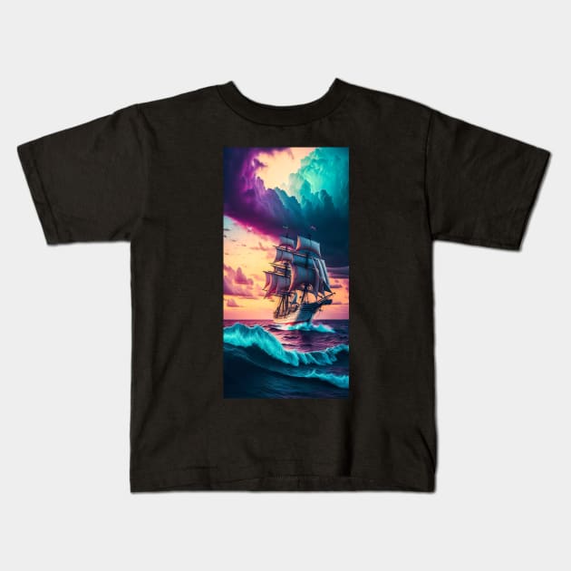 Sailing ship on hard weather Kids T-Shirt by Carlosr1946